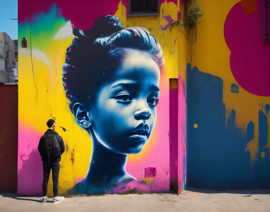 Colorful street mural featuring young girl's profile.