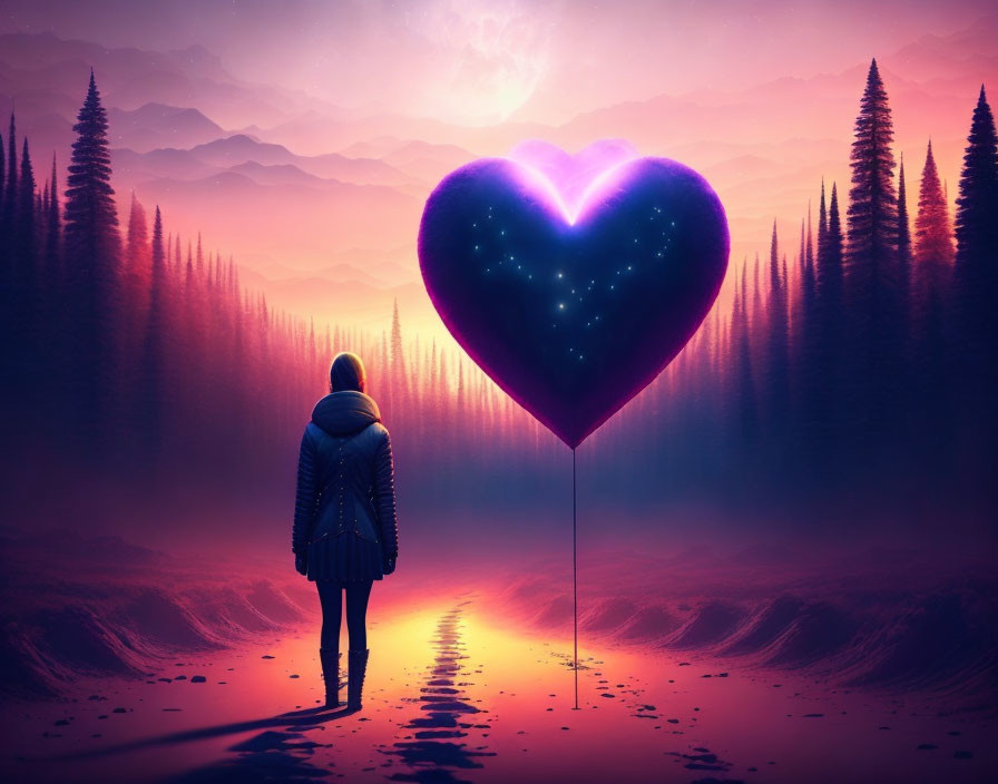 Person standing with heart-shaped balloon in surreal landscape