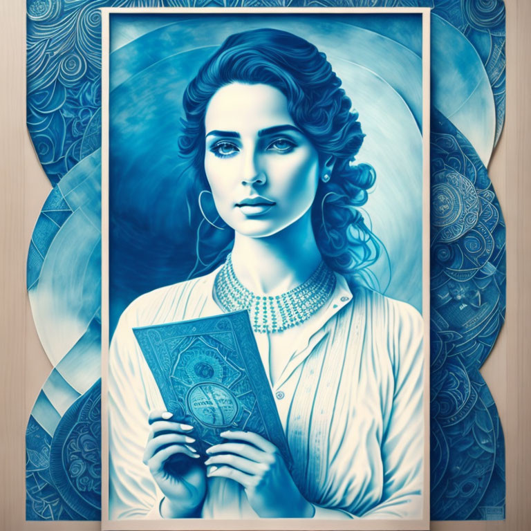 Woman with Wavy Hair Holding Book in Front of Blue Patterns