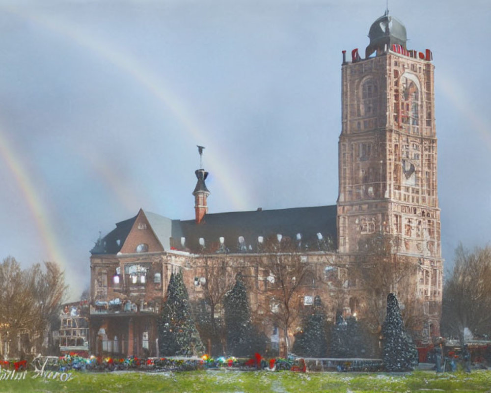 Historic building with tall clock tower and Christmas decorations under double rainbow