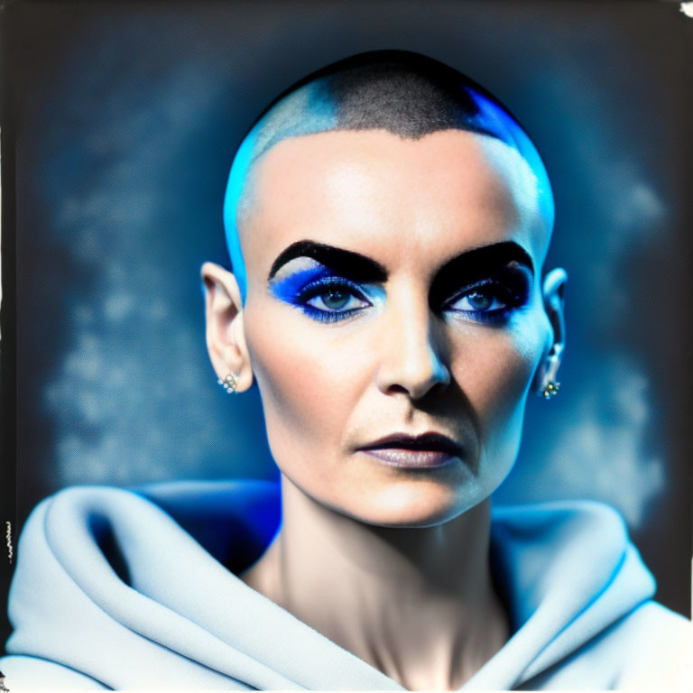 Person with Shaved Head and Bold Blue Eyeshadow in Light Blue Top