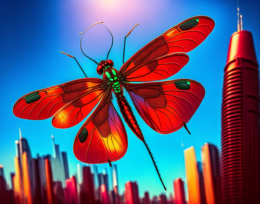 Colorful Giant Butterfly Over Cityscape and Blue Sky