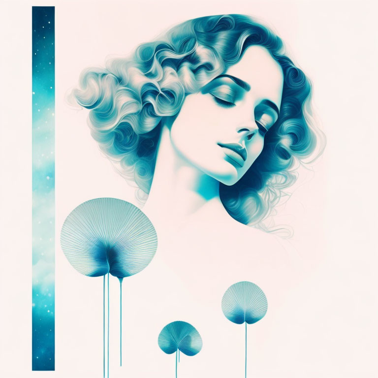 Stylized digital portrait of woman with blue and white curly hair and abstract dandelion elements.