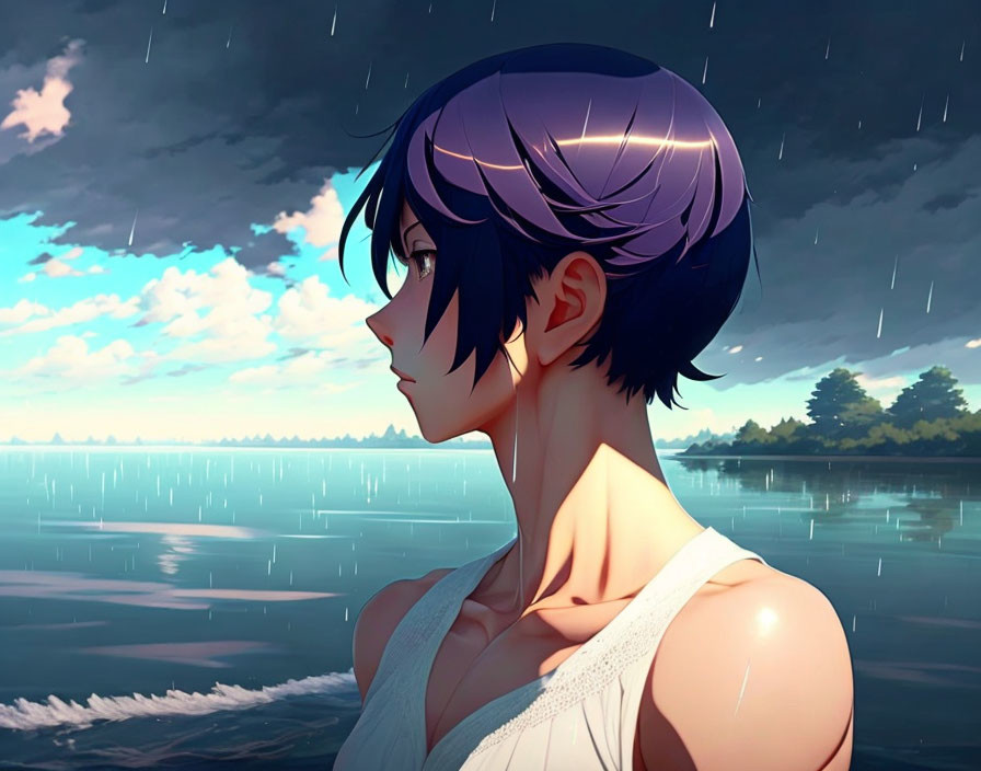 Animated character with short purple hair gazing at serene lake at dusk