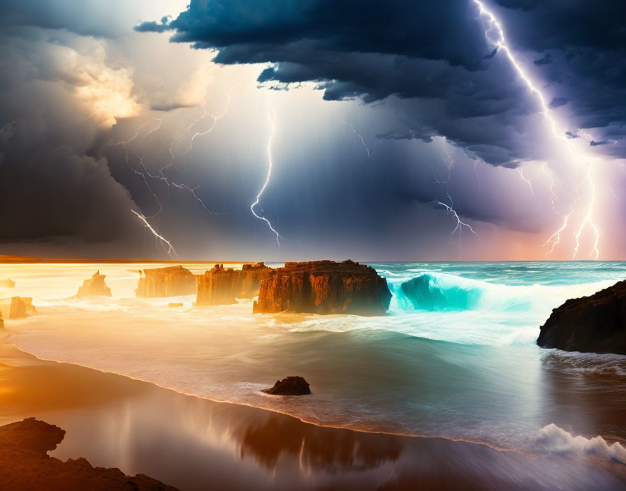 Dramatic lightning strikes over turbulent coastline cliffs