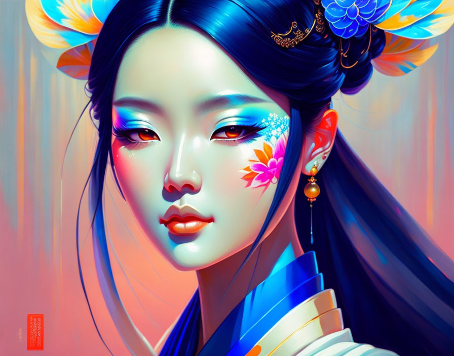 Colorful digital portrait of woman with blue and red makeup and traditional accessories