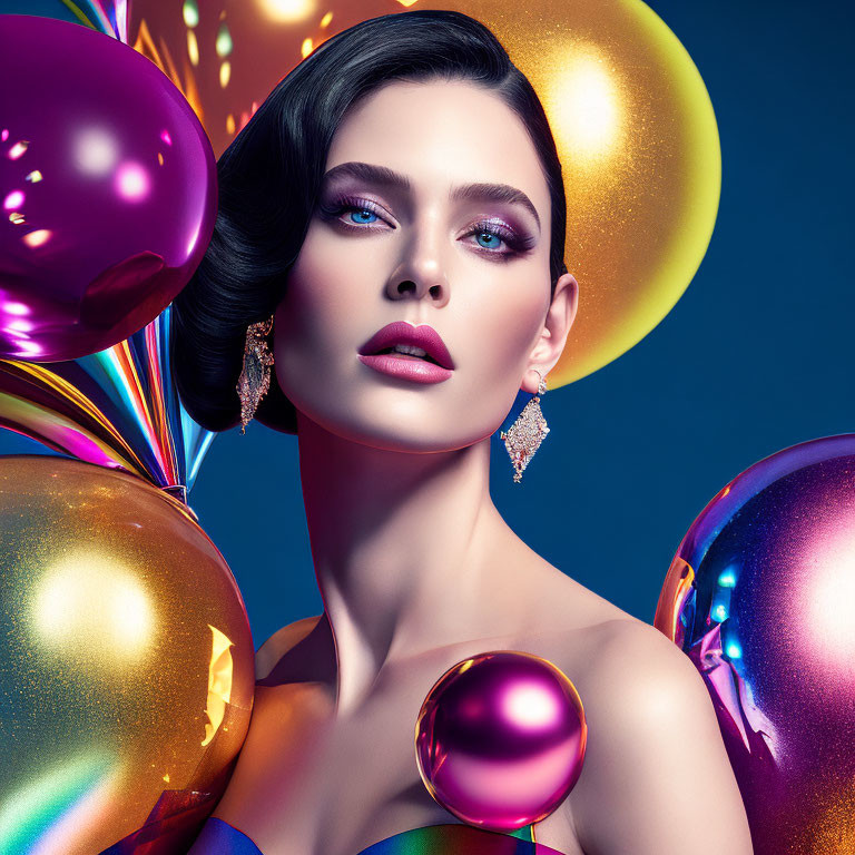 Colorful Balloons Surround Woman with Bold Makeup on Deep Blue Background