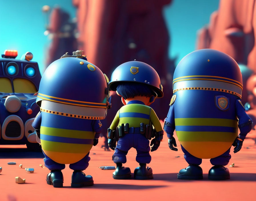 Animated stylized police characters in desert setting with police car & rock formations