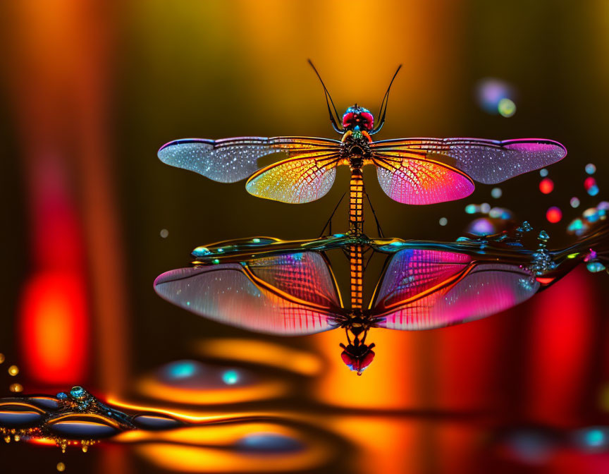 Colorful Dragonfly with Translucent Wings on Reflective Water Droplets