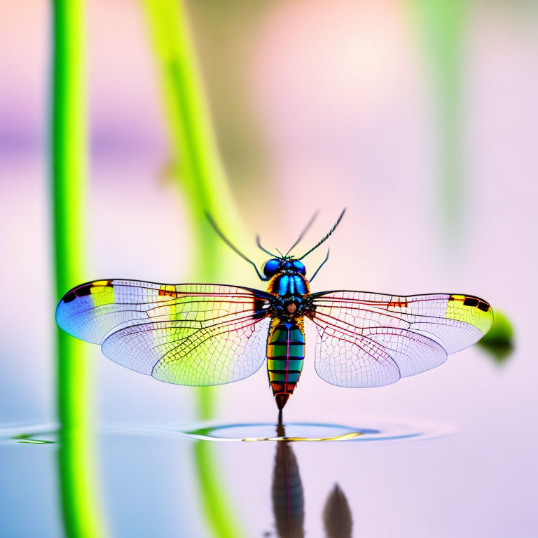 Iridescent Blue Dragonfly Resting on Surface