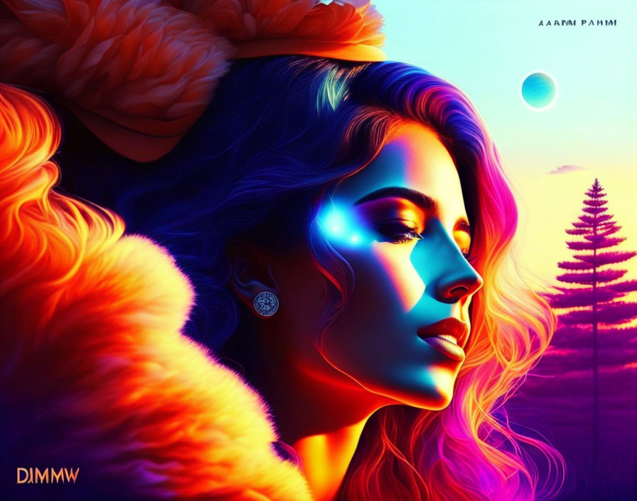 Colorful digital portrait of a woman against a sunset backdrop