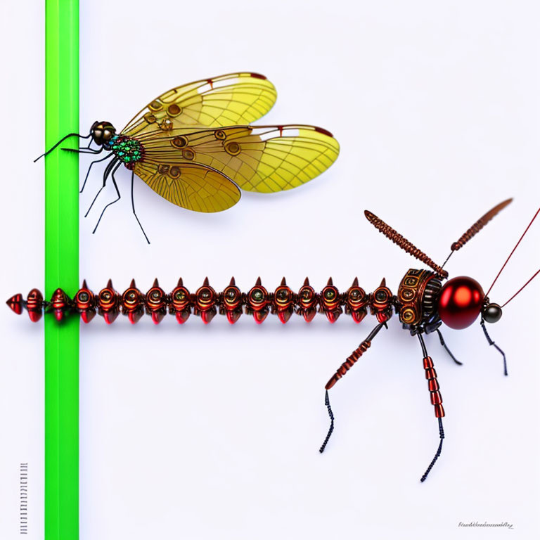 Mechanical dragonfly with gears perched near green grass