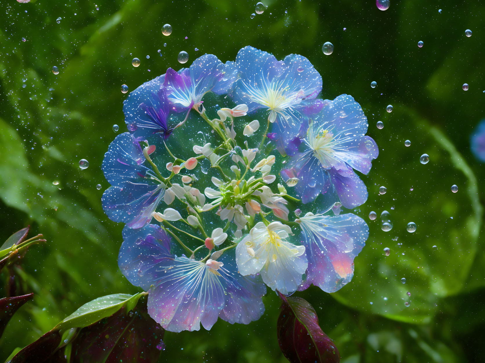 Blue-Purple Flowers with White Patterns and Water Droplets on Green Background