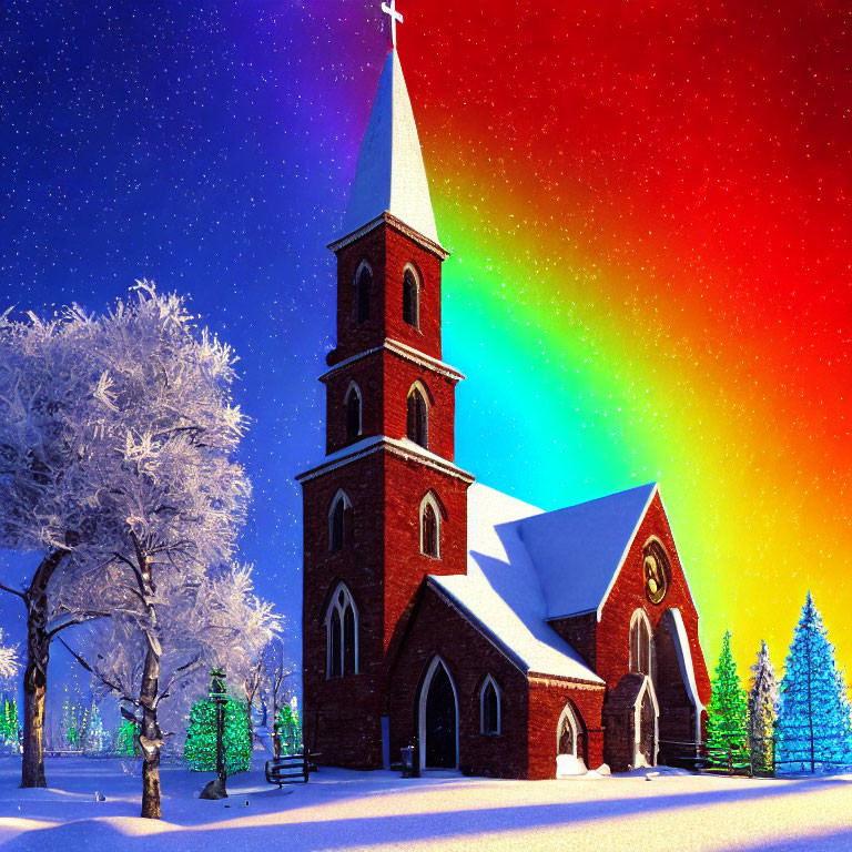 Snowy church with spire under vibrant aurora borealis