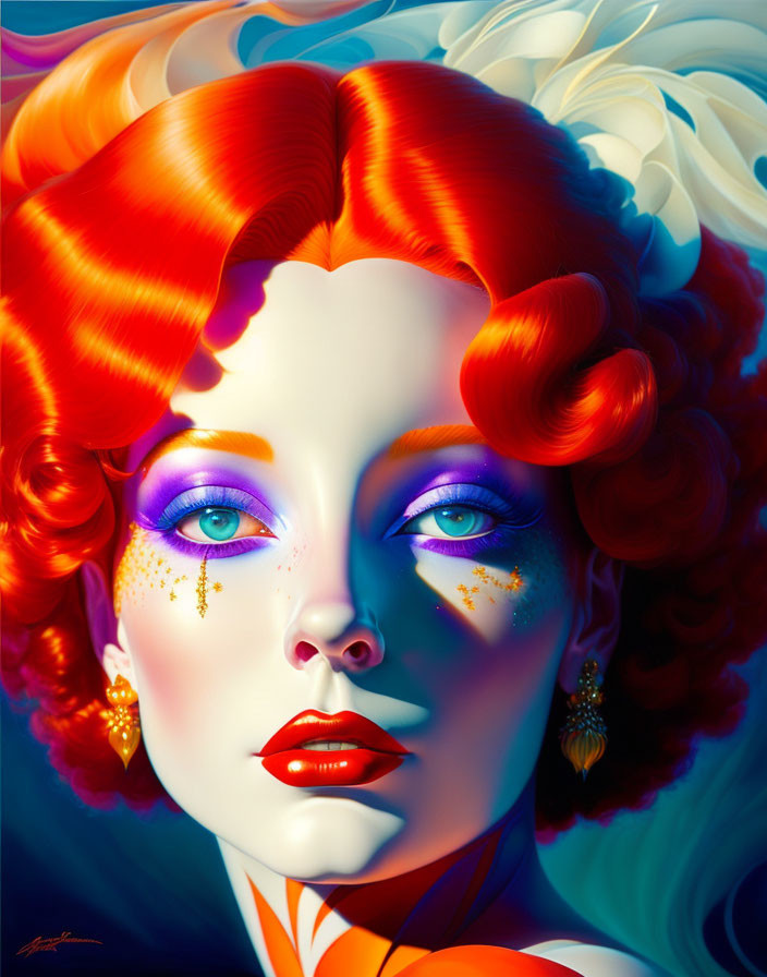 Vibrant digital portrait of a woman with red hair and blue eyeshadow