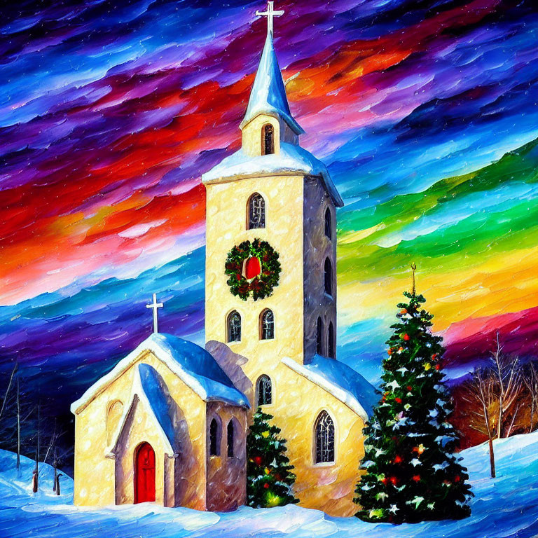 Colorful Winter Church Scene with Snow and Christmas Tree