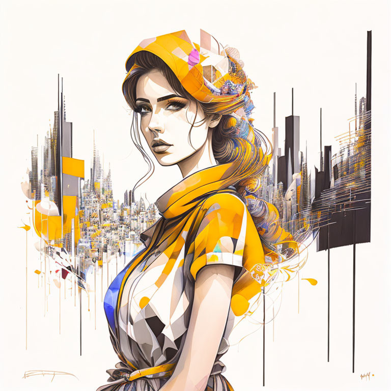 Stylized illustration of woman in geometric dress against urban backdrop