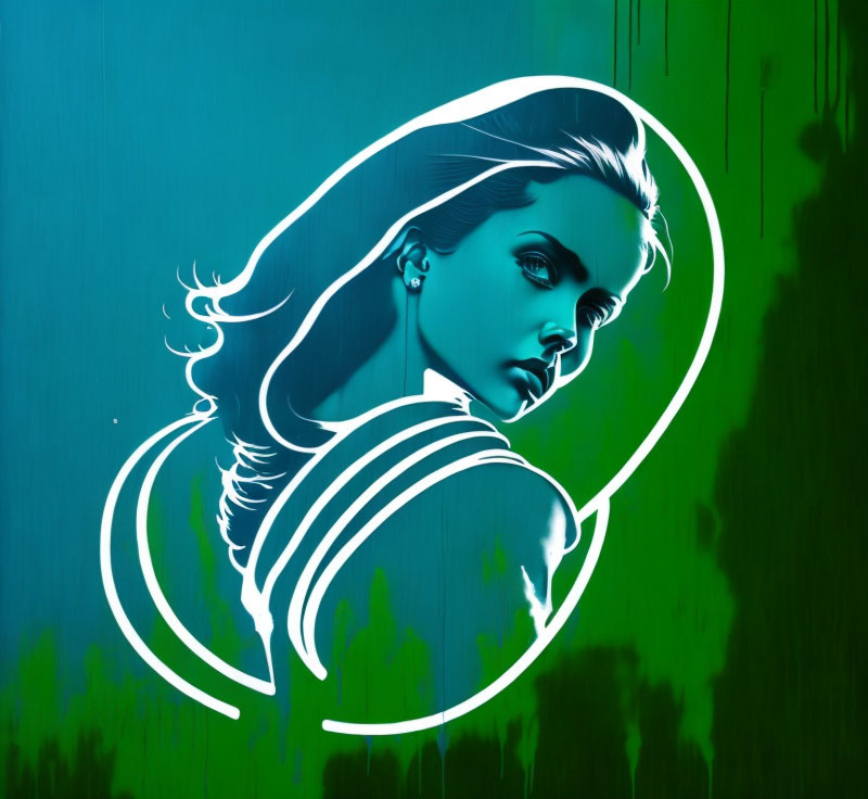 Neon-like portrait of woman on green background