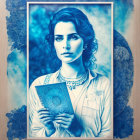 Woman with Wavy Hair Holding Book in Front of Blue Patterns