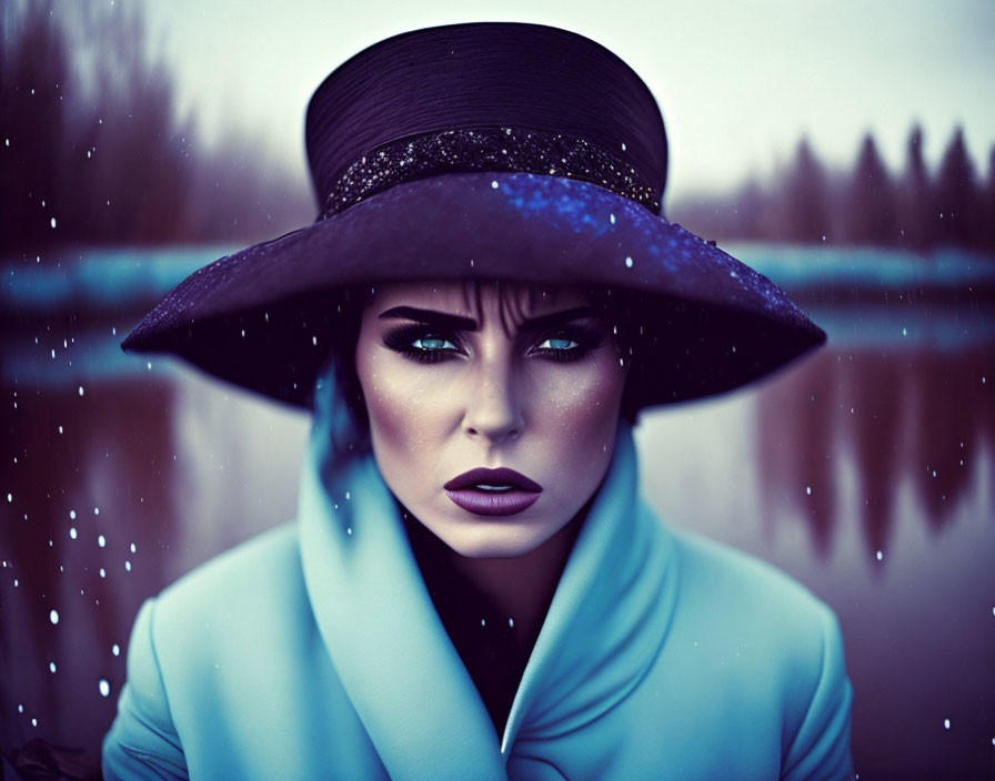 Stylized portrait of woman in wide-brimmed hat and blue coat amid falling snow