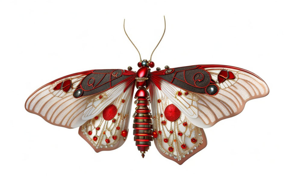 Intricate mechanical butterfly with red jewels and gold accents