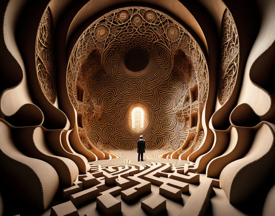 Surreal tunnel with mesmerizing patterns and glowing exit