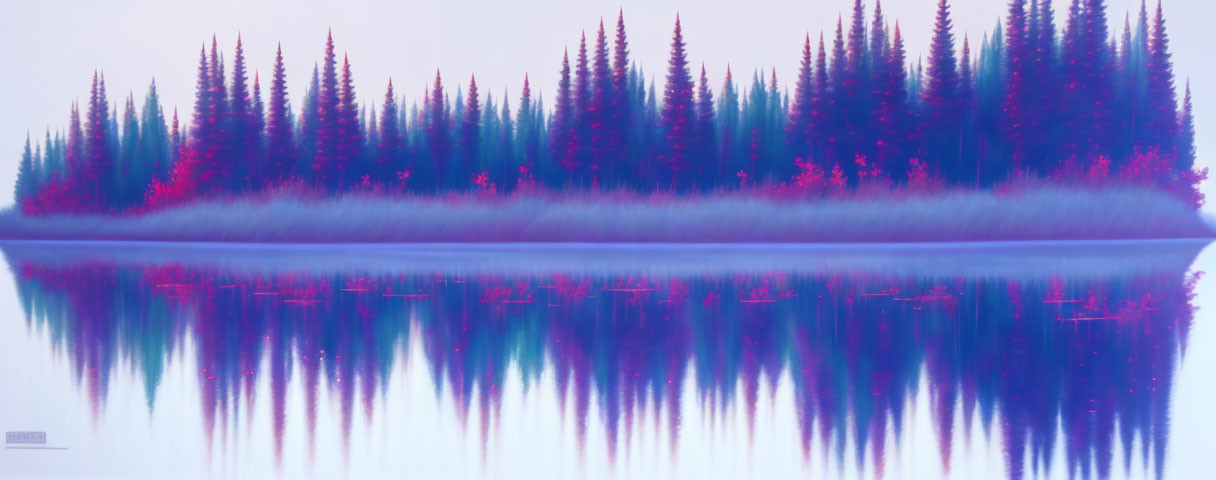 Tranquil forest scene with purple hues reflected in serene lake