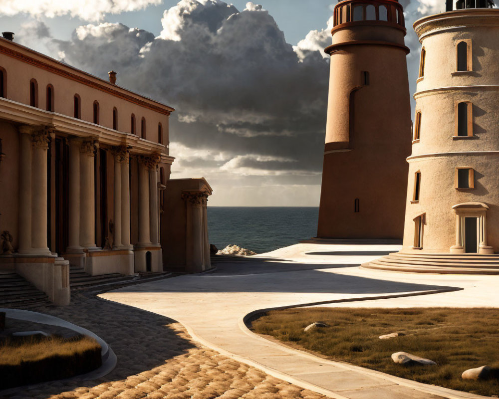 Coastal Path with Classical Buildings and Lighthouse at Sunset