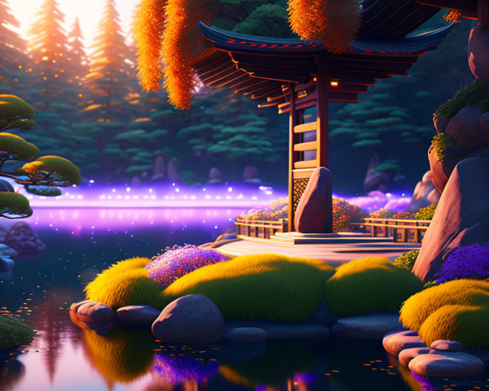 Tranquil pond with glowing purple bridge and pagoda in lush flora