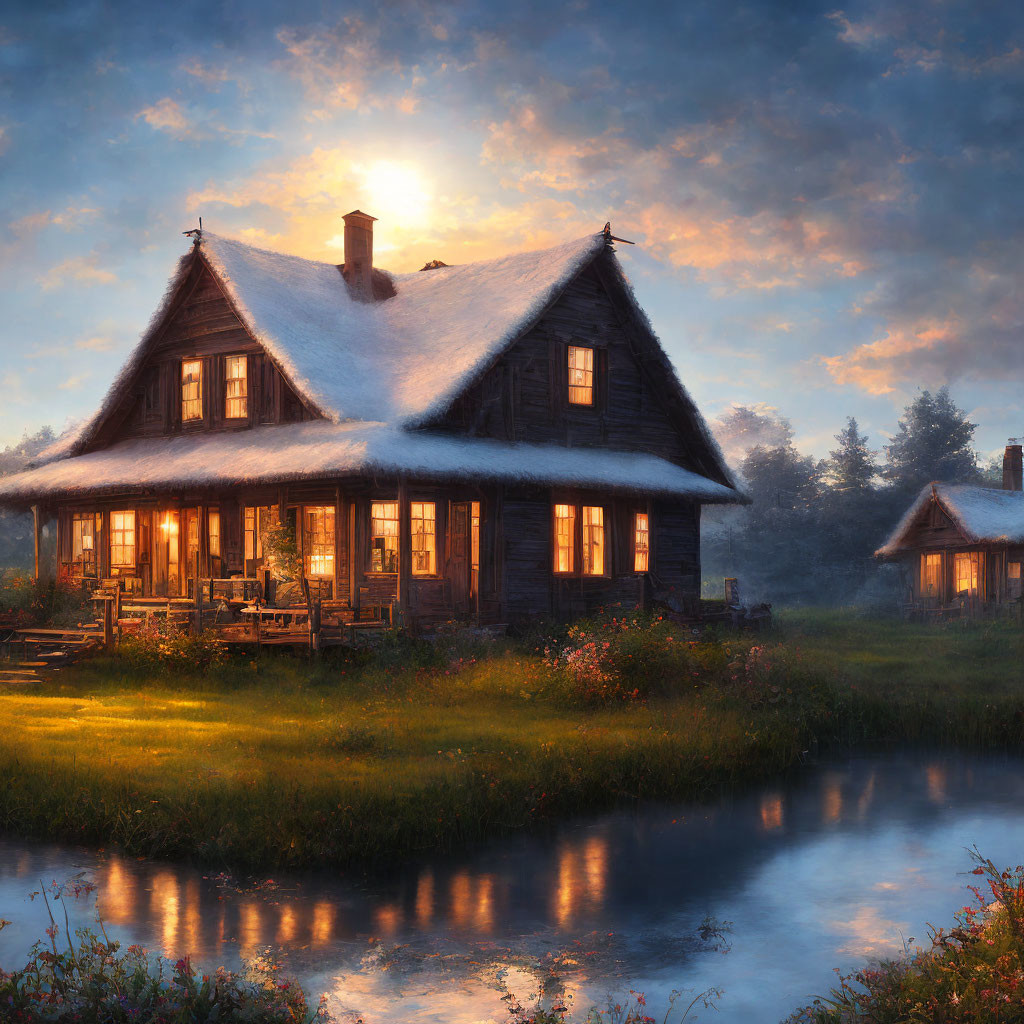 Thatched Roof Cottage by Serene River at Sunset