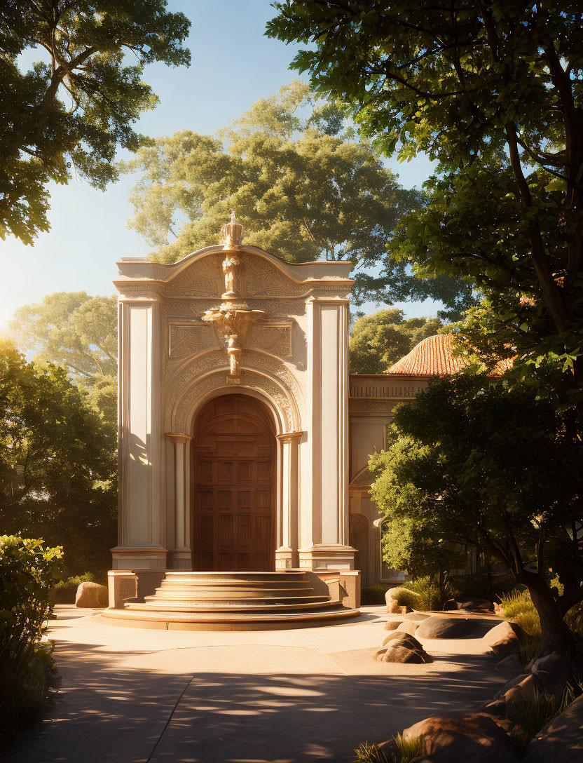 Ornate Doorway Arch with Wooden Door, Classical Columns, Fountain, and Greenery