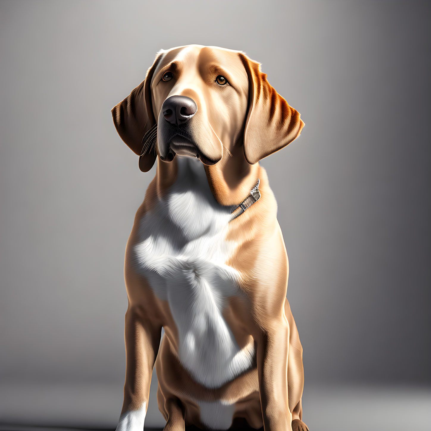 Tan Labrador Retriever with black nose and collar on gray background