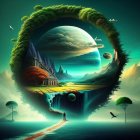 Surreal landscape with ring-shaped landmass, mountains, forest, and cosmic sky over ocean