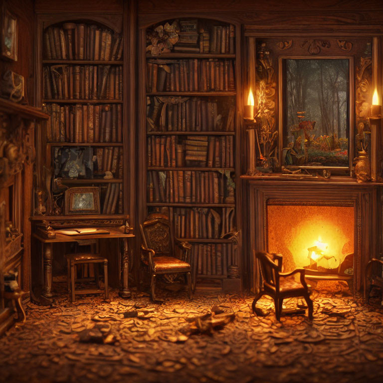 Dimly-lit Study Room with Fireplace and Forest View