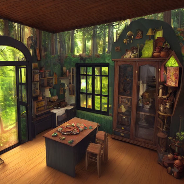 Rustic woodland-themed room with arched windows and forest view