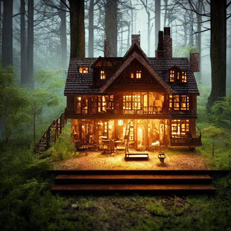 Two-story illuminated cabin in misty forest at dusk