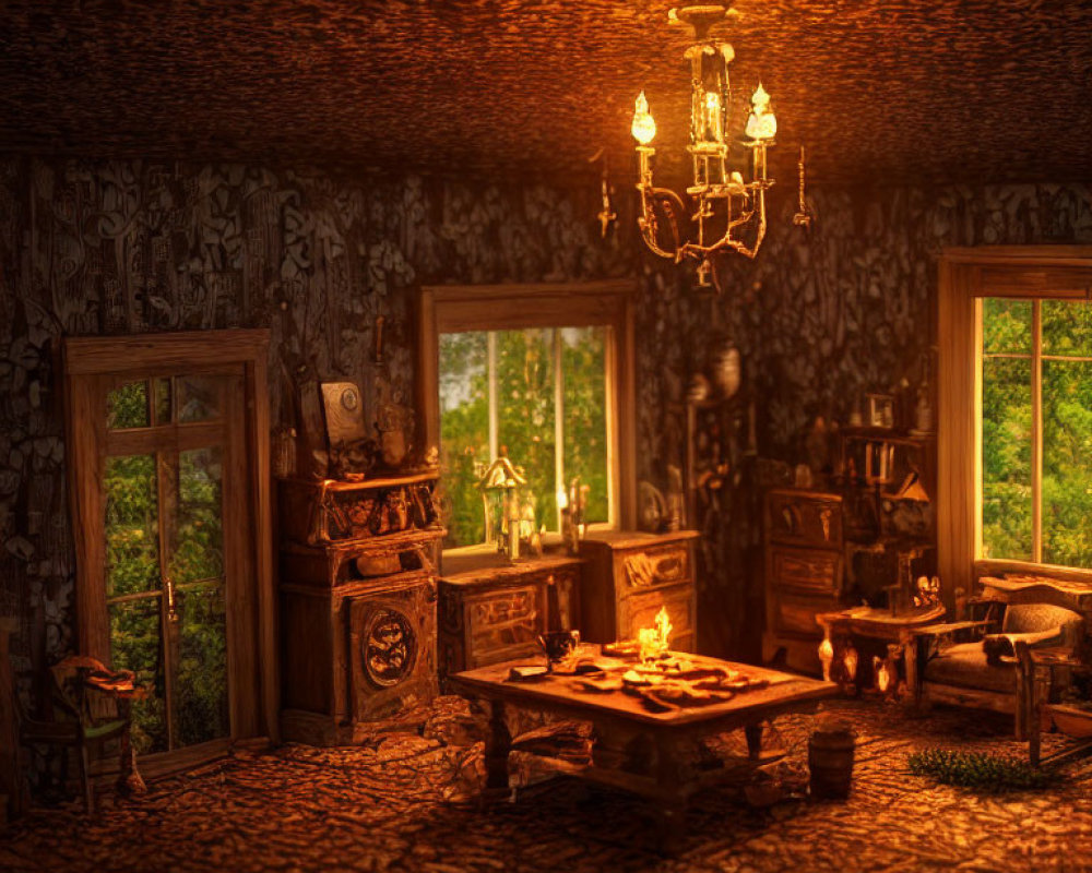 Vintage Room with Wooden Furniture, Chandelier, and Sunlight