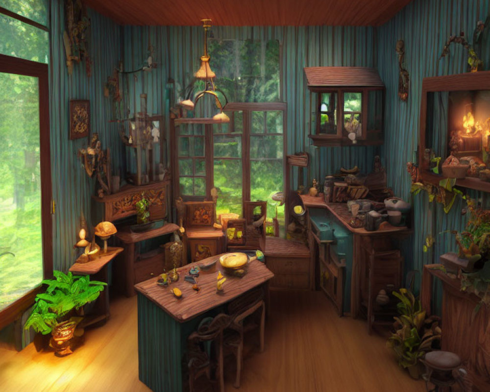 Rustic kitchen with wooden furniture, vintage utensils, lantern light, forest view