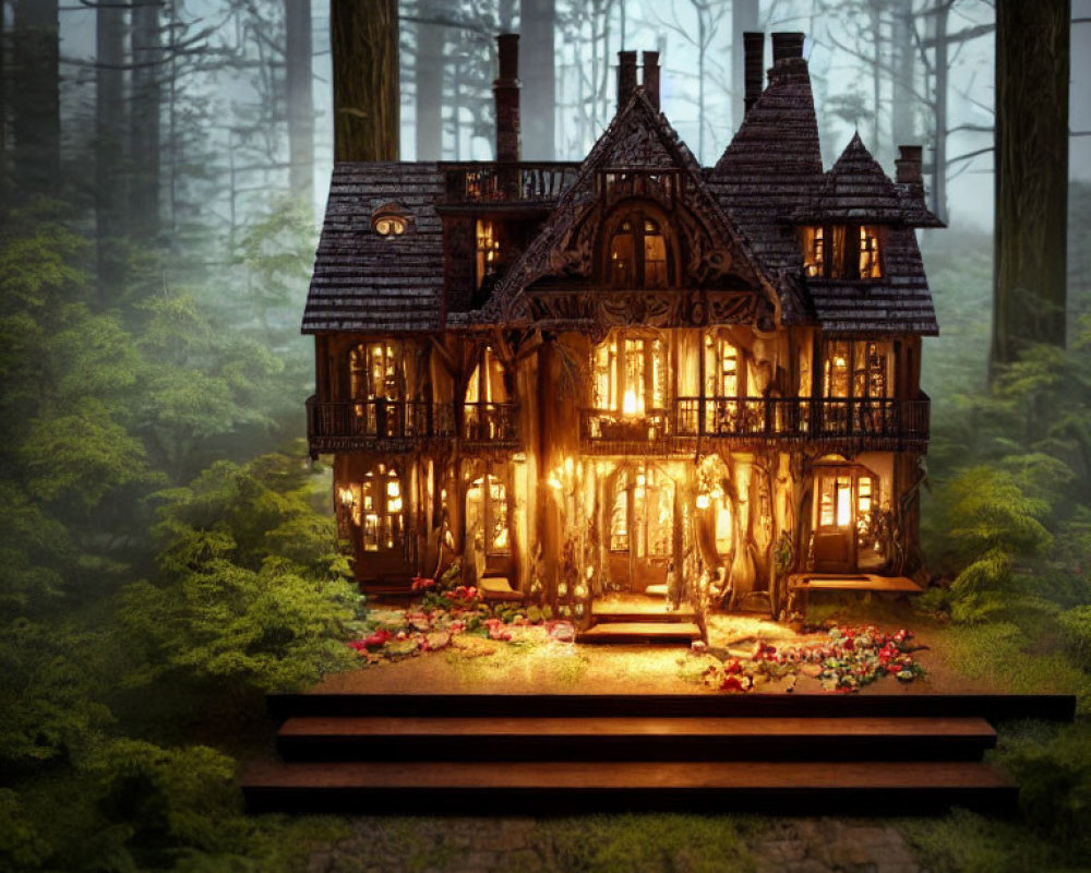 Miniature house in dimly lit forest with dense trees and green foliage