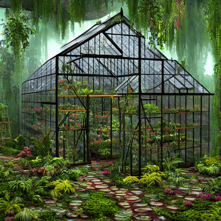 Greenhouse filled with lush plants, ferns, and flowers against misty backdrop