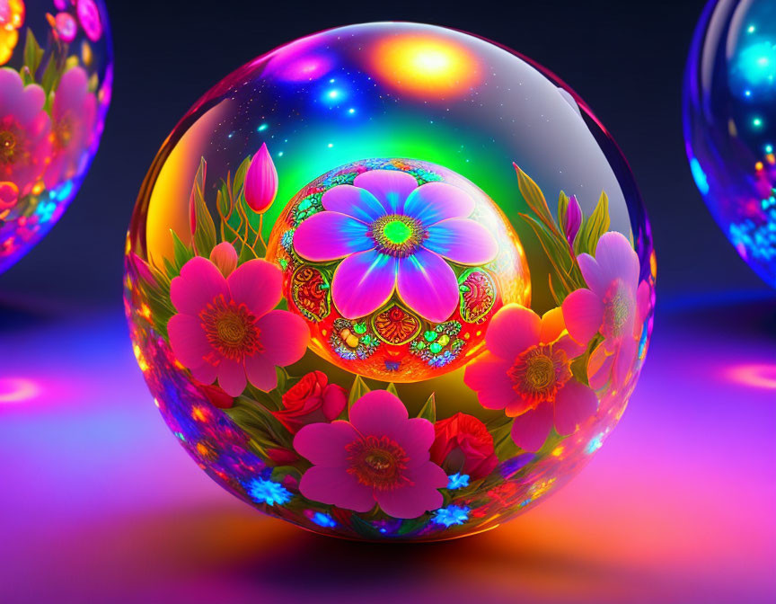 Colorful Glass Sphere with Floral Patterns and Glowing Lights on Reflective Surface