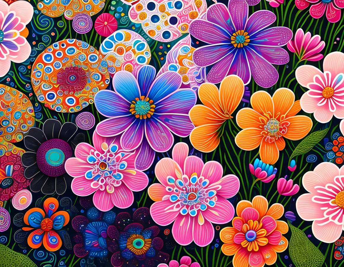 Vibrant digital art: Colorful flowers with intricate patterns on dark background