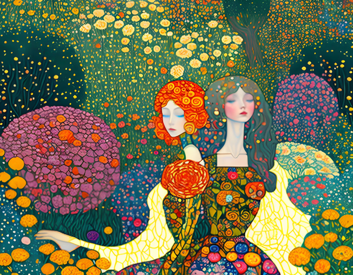 Stylized women with decorative patterns in colorful, floral backdrop