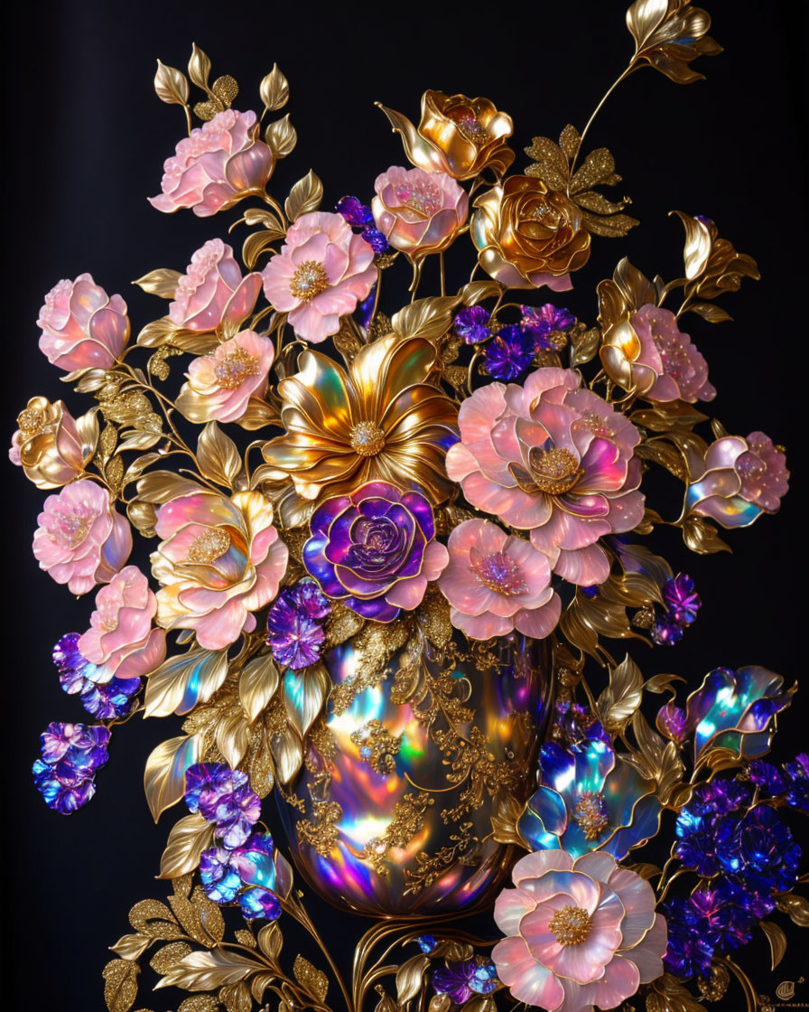 Golden vase with metallic flowers in gold, pink, and purple on black background