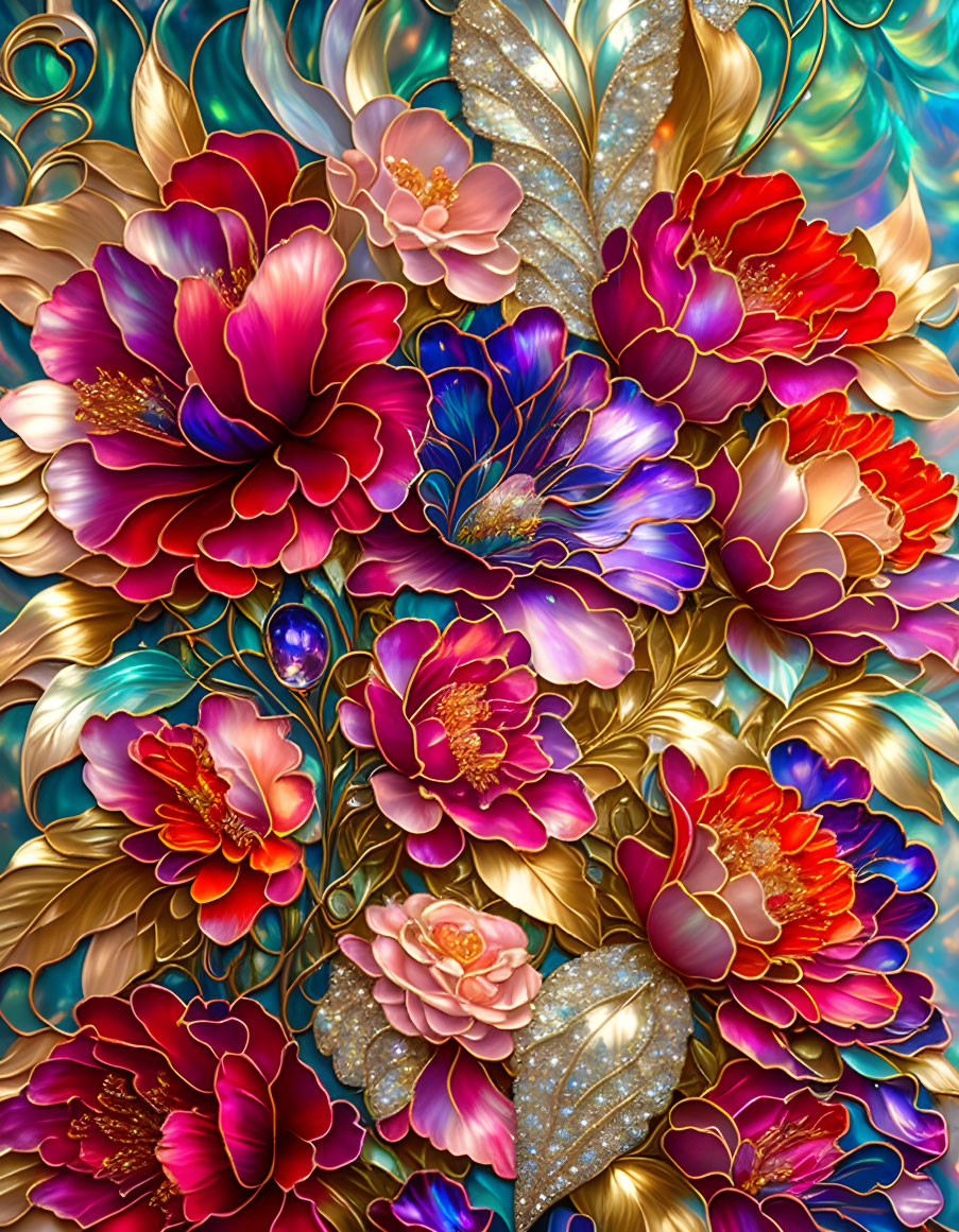 Colorful floral artwork with red and pink petals, gold accents, and peacock feather