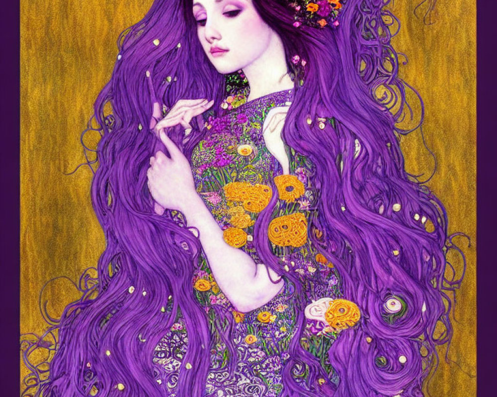 Illustration of woman with long purple hair and floral dress on gold background