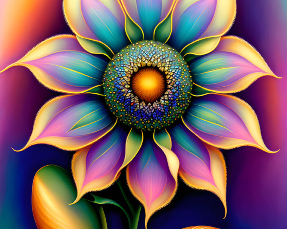 Vibrant sunflower illustration with blue core and colorful petals