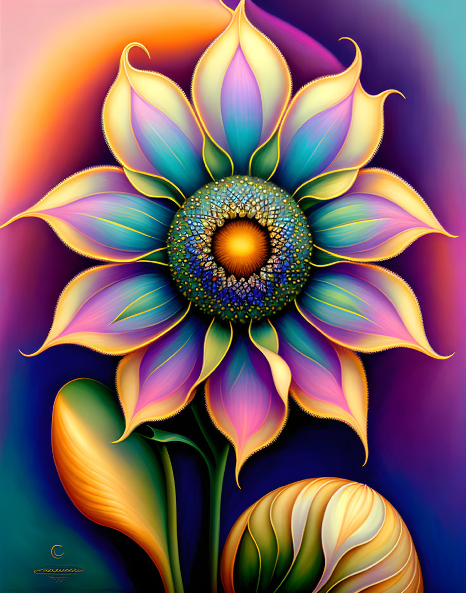 Vibrant sunflower illustration with blue core and colorful petals