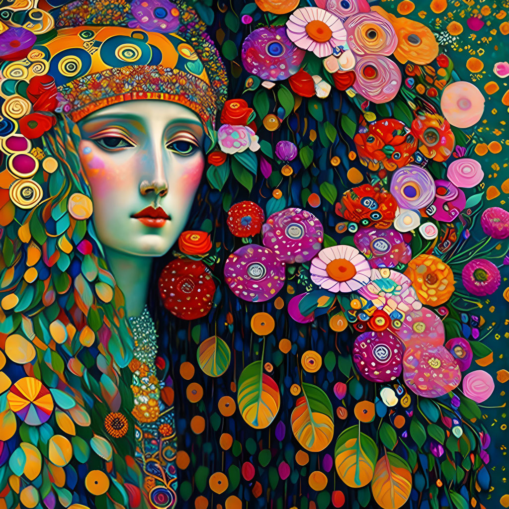 Colorful illustration: Woman with floral headdress in vibrant flower-filled backdrop