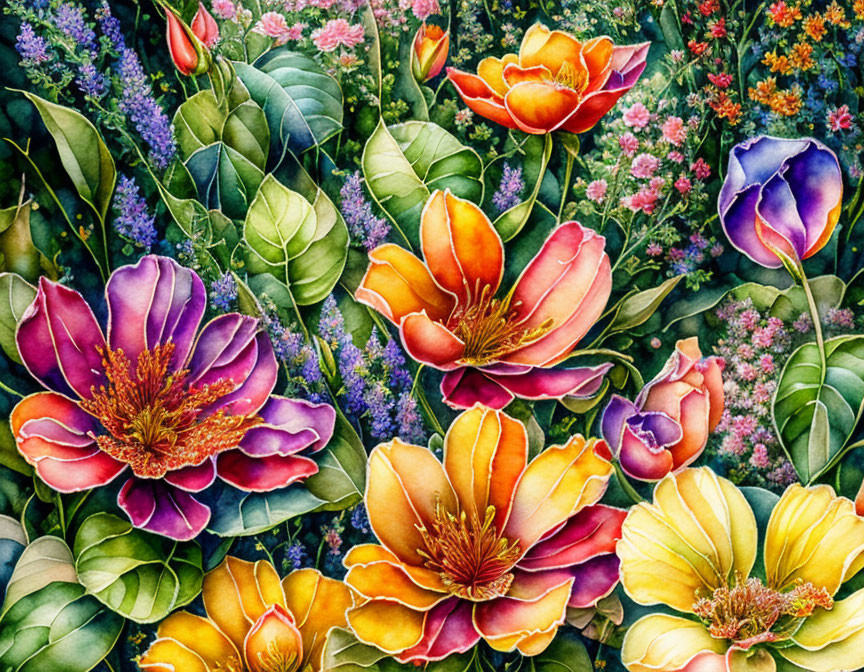 Assorted colorful flowers painting with detailed foliage